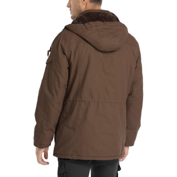 Mens Brown Thick Winter Jacket Hooded Fleece Lined Cotton Military Coat - Picture 6 of 7